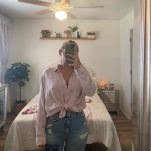 Pink & Whitr Striped Button Up with Hearts XXL